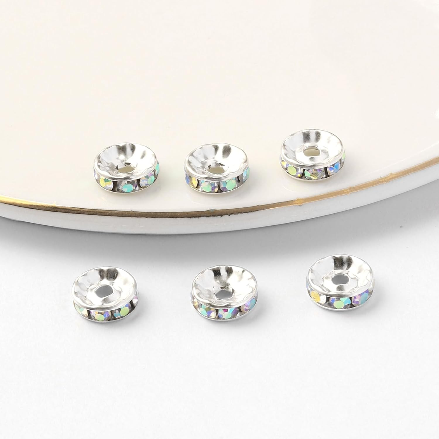 200Pcs 6mm Rondelle Spacer Beads Silver Plated Rhinestone AB Color Crystal Loose