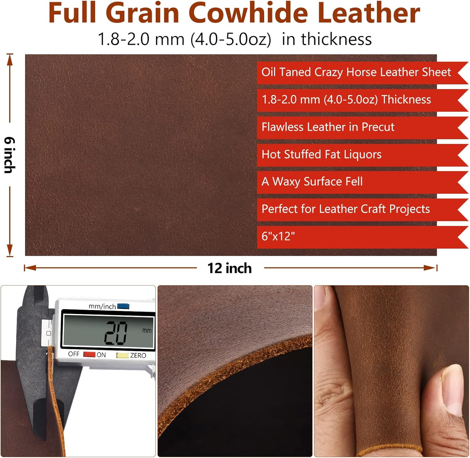 Genuine Leather Tooling Sheets 1.8-2.0MM Thick Full Grain Oil Tan Crazy Horse Co