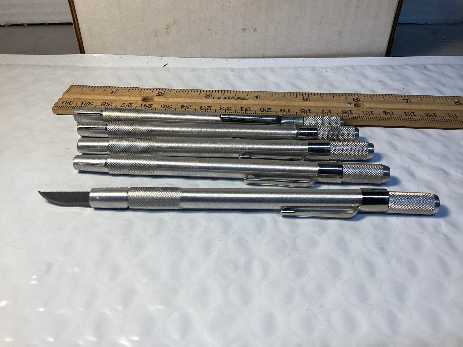 Vintage X-acto Type Aluminum Pen Style Knives W/Blades. Office, Crafts. Lot Of 5