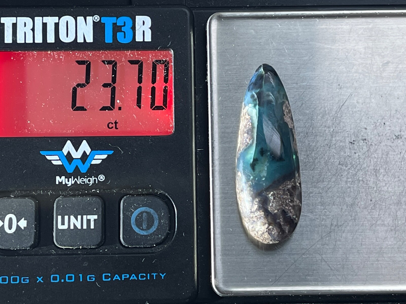 Needles Blue Agate 23.7 Cab in Rhyolite Porphyry Pear tear drop Blue Danube , AZ