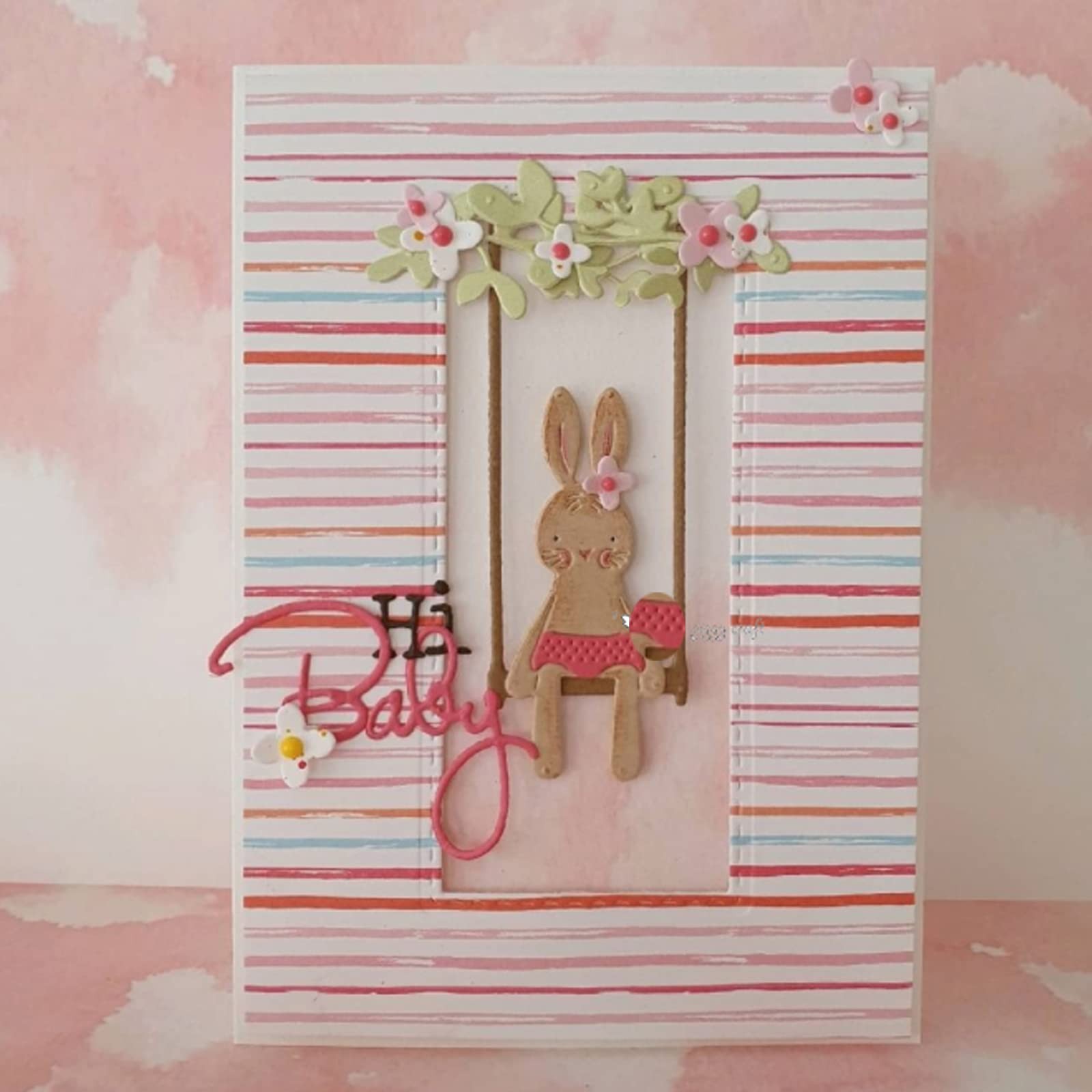 Swing Bunny Rabbit Metal Die Cuts,Flower Leaf 8×5.9cm/3.14X2.32inch, Silver