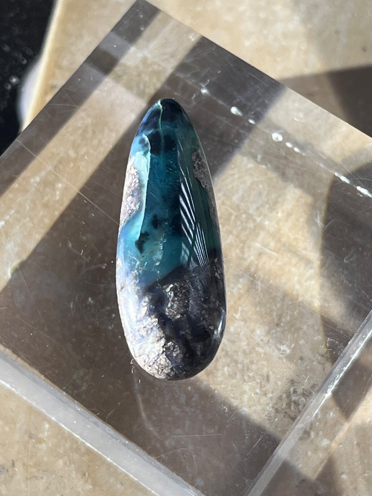 Needles Blue Agate 23.7 Cab in Rhyolite Porphyry Pear tear drop Blue Danube , AZ