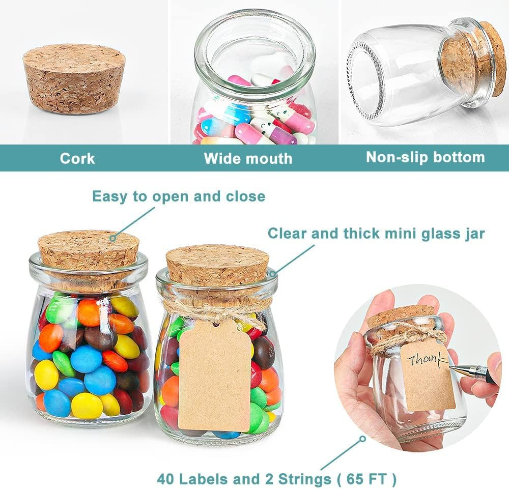 40 Pack Glass Favor Jars with Cork Lid, 3.4 Oz Small Glass Bottles