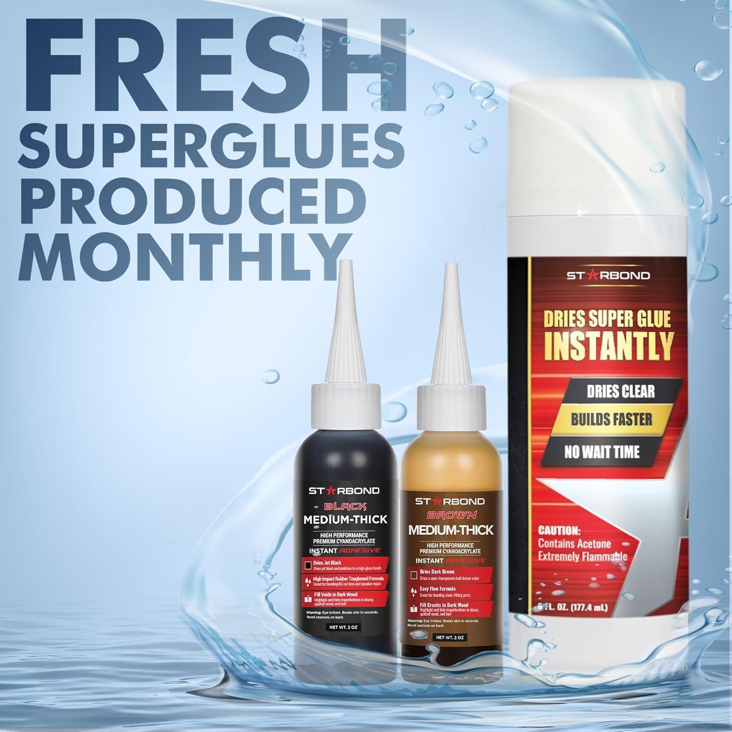 STARBOND 2oz Black and 2oz Brown Medium-Thick Super Glue + 6oz Aerosol Activator