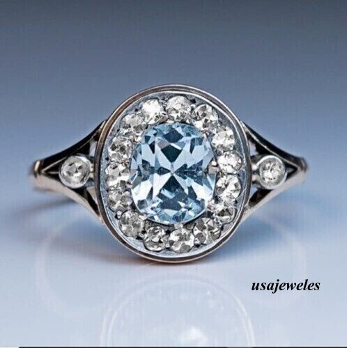 2.90CT Oval Cut Real Aquamarine 14K White Gold Finish Wedding Halo Jewelry Ring