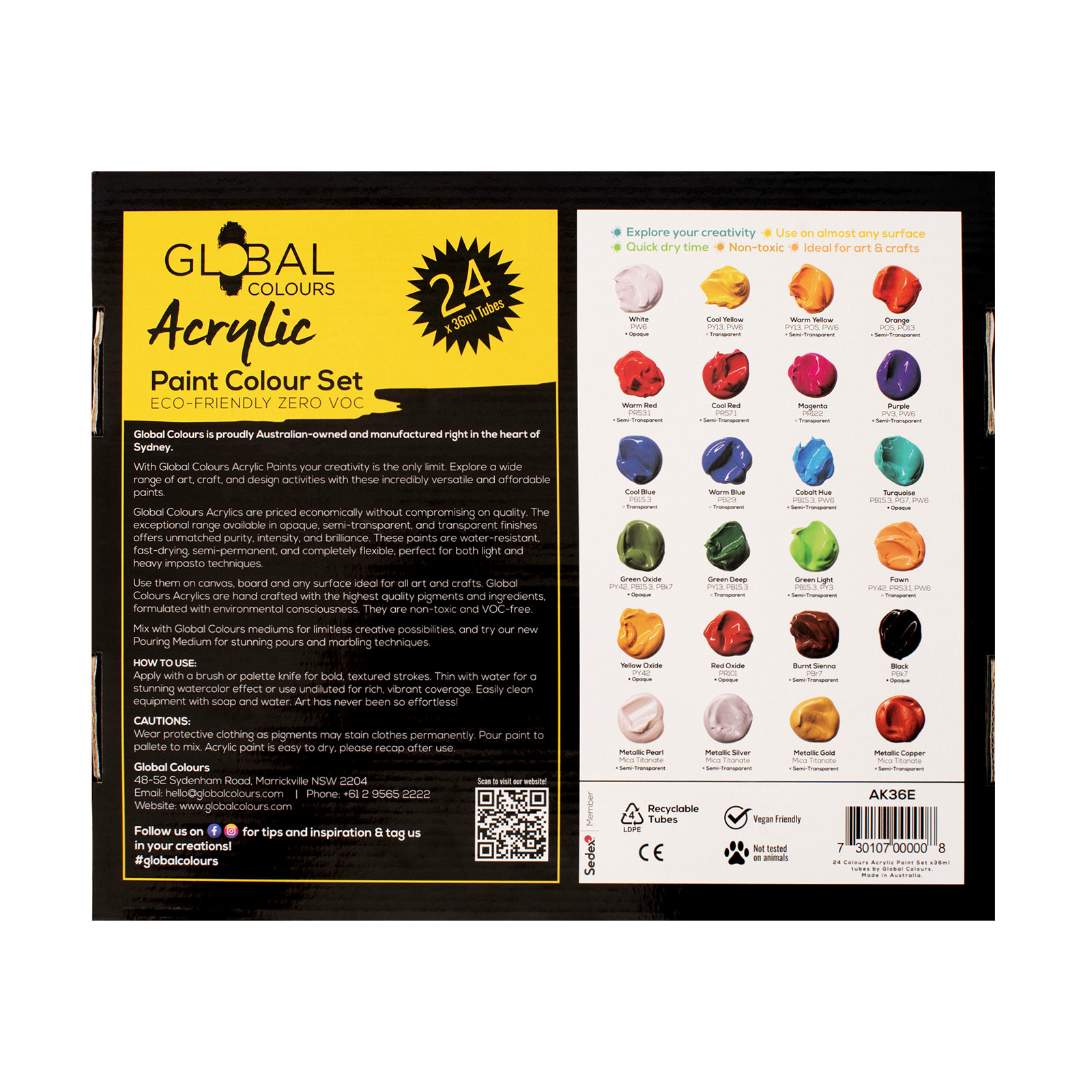 GLOBAL COLOURS Acrylic Paint Set – 24 x 36ml Tubes – Artist Quality, Waterproof