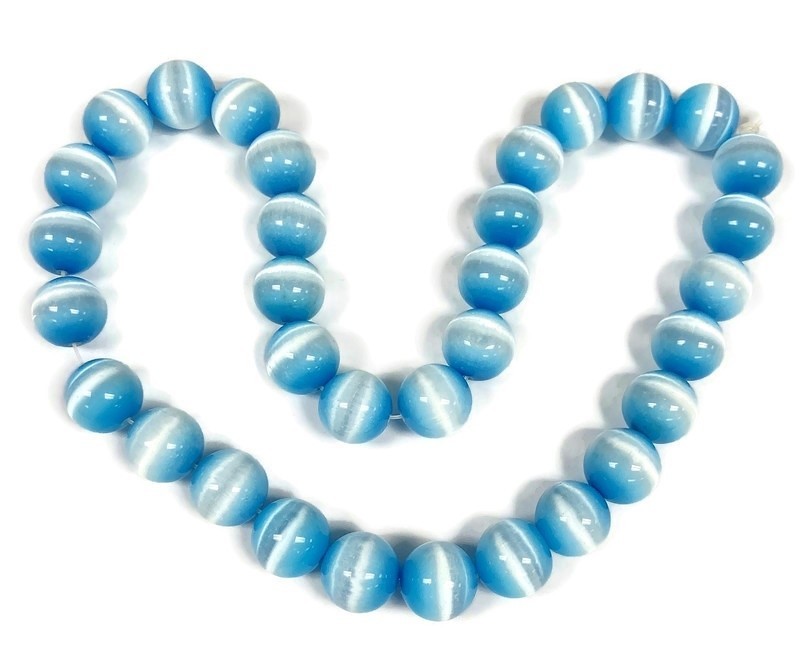 30 Cat’s Eye Fiber Optic Glass Light Carpi Blue 12mm. Smooth Round Beads 2618