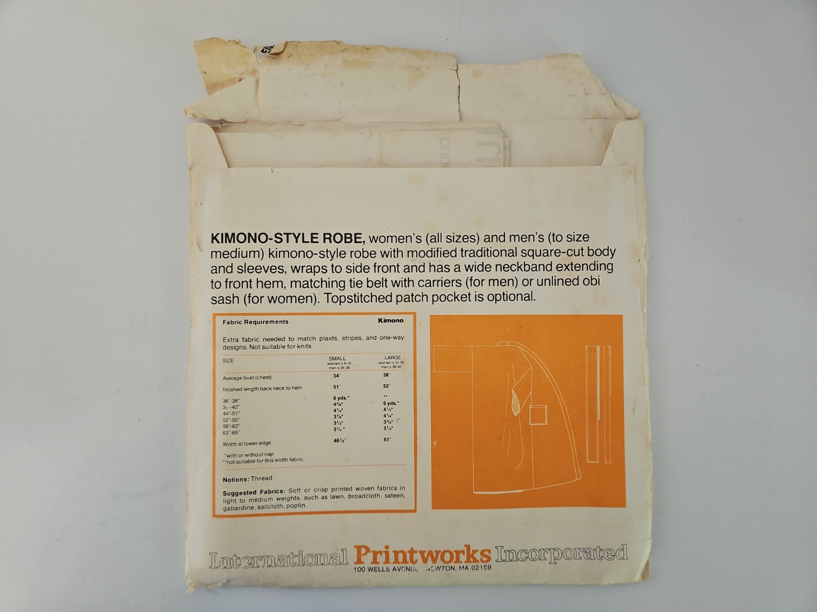 1978 International Printworks KIMONO Robe Sewing Pattern Adult Unisex Sz. SML UC