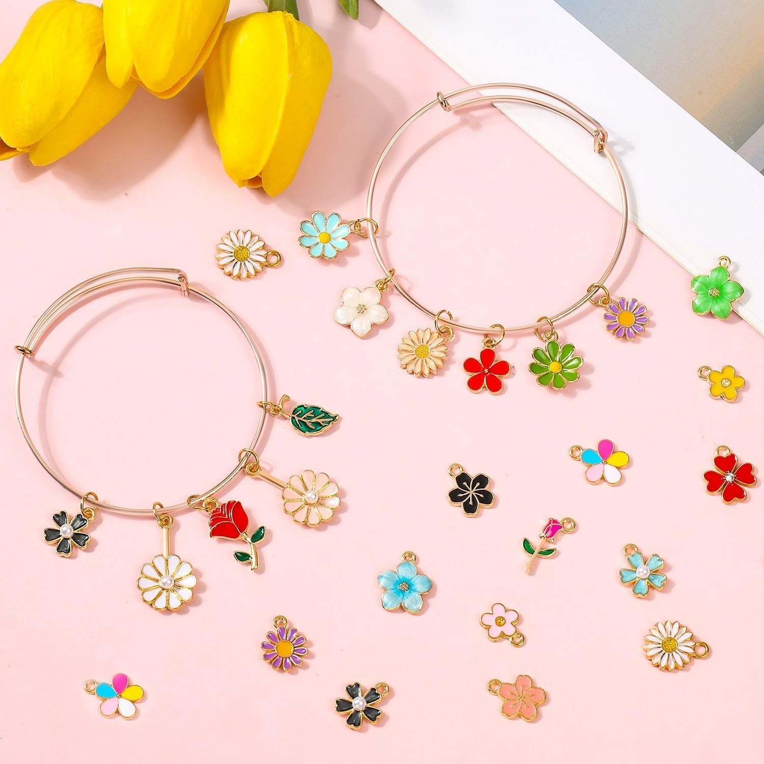 100Pcs 50 Pairs Flower Charms for Jewelry Making, Wholesale Assorted Enamel Mixe