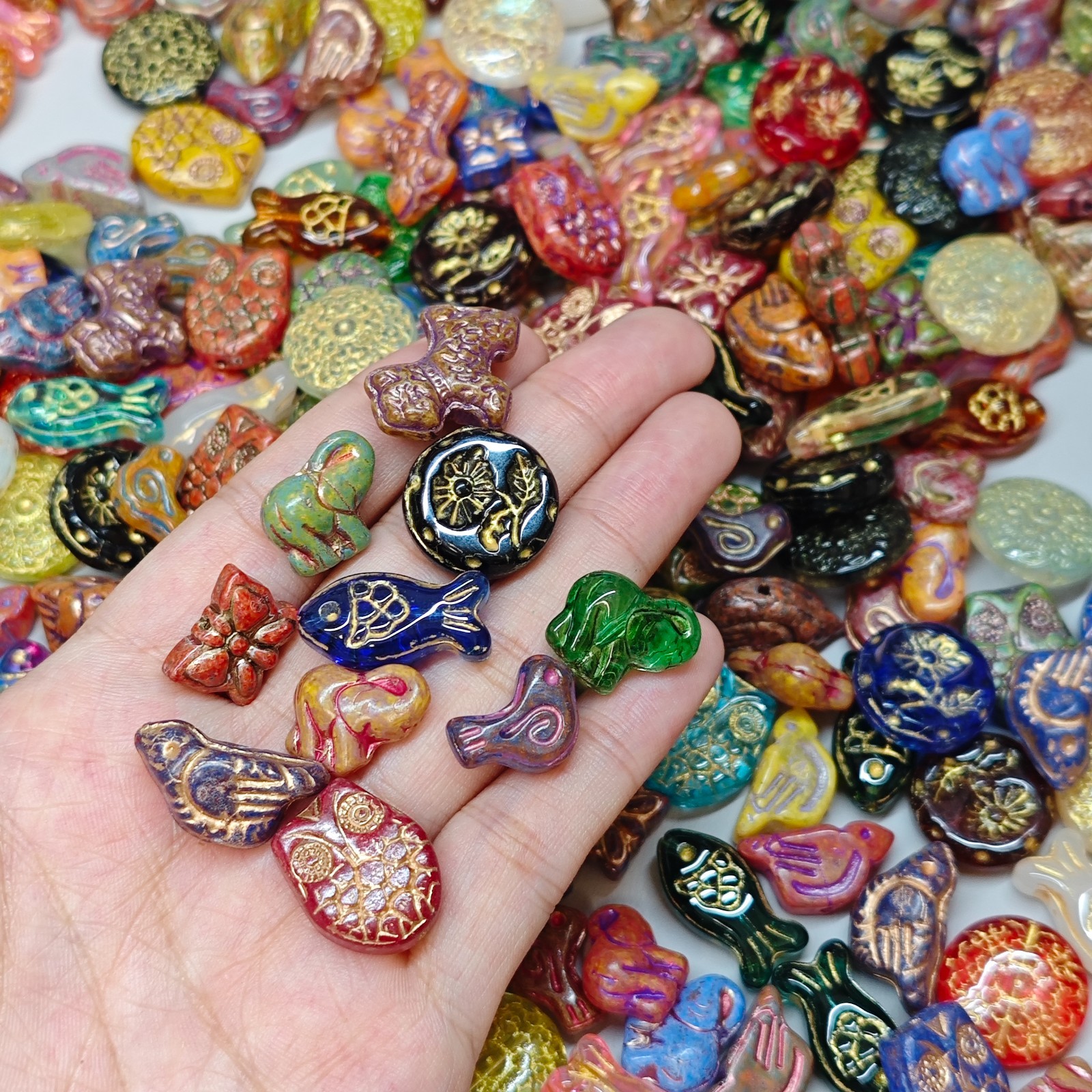 100g Vintage Pressed Glass Beads, Hand-Painted Gold, Jewelry Making