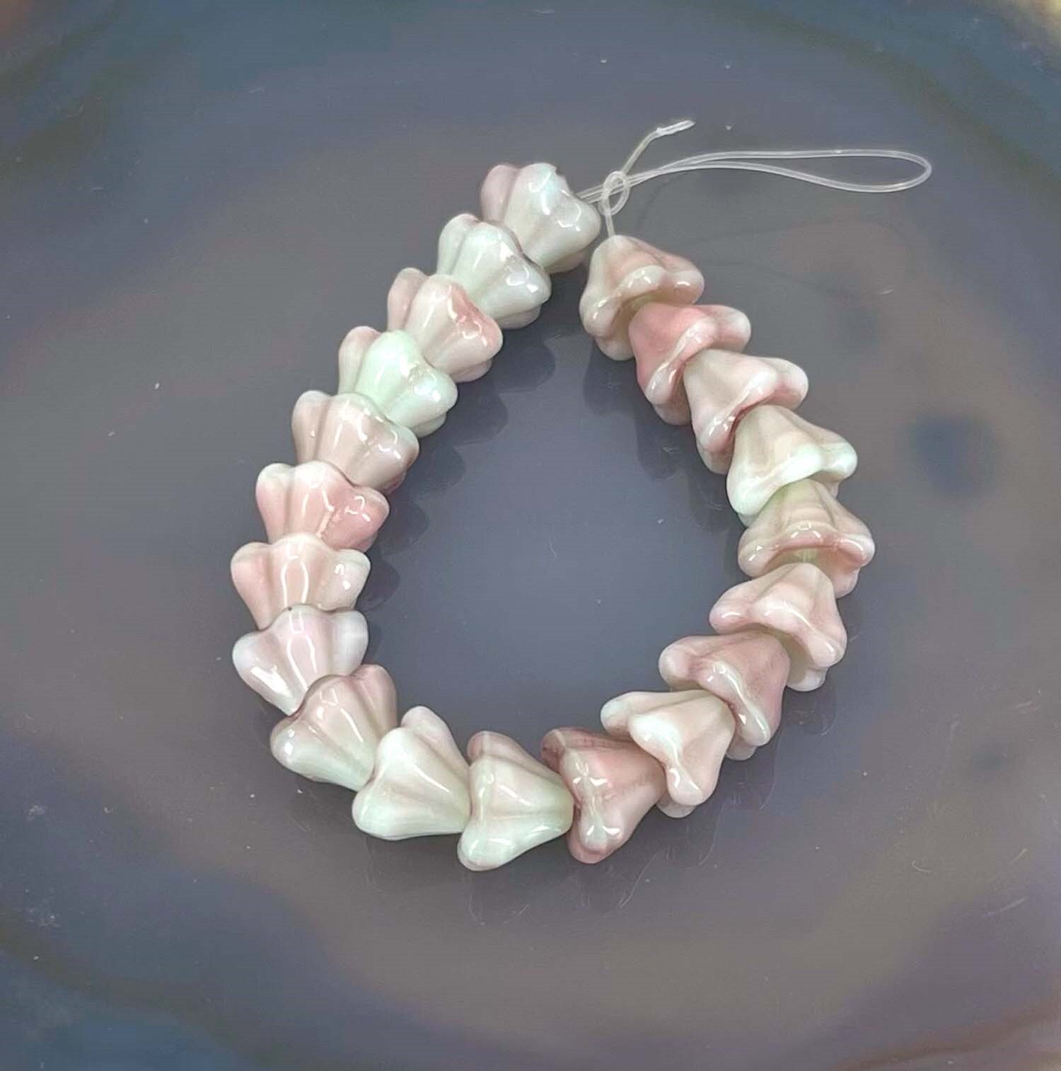 20 Czech Glass Baby Bell Flower Beads – Pistachio / Raspberry Swirl 8x6mm