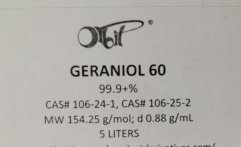 GERANIOL 60 (5 LITERS in HDPE Jug) 100% Mixture of Geraniol/Nerol Isomers Aroma