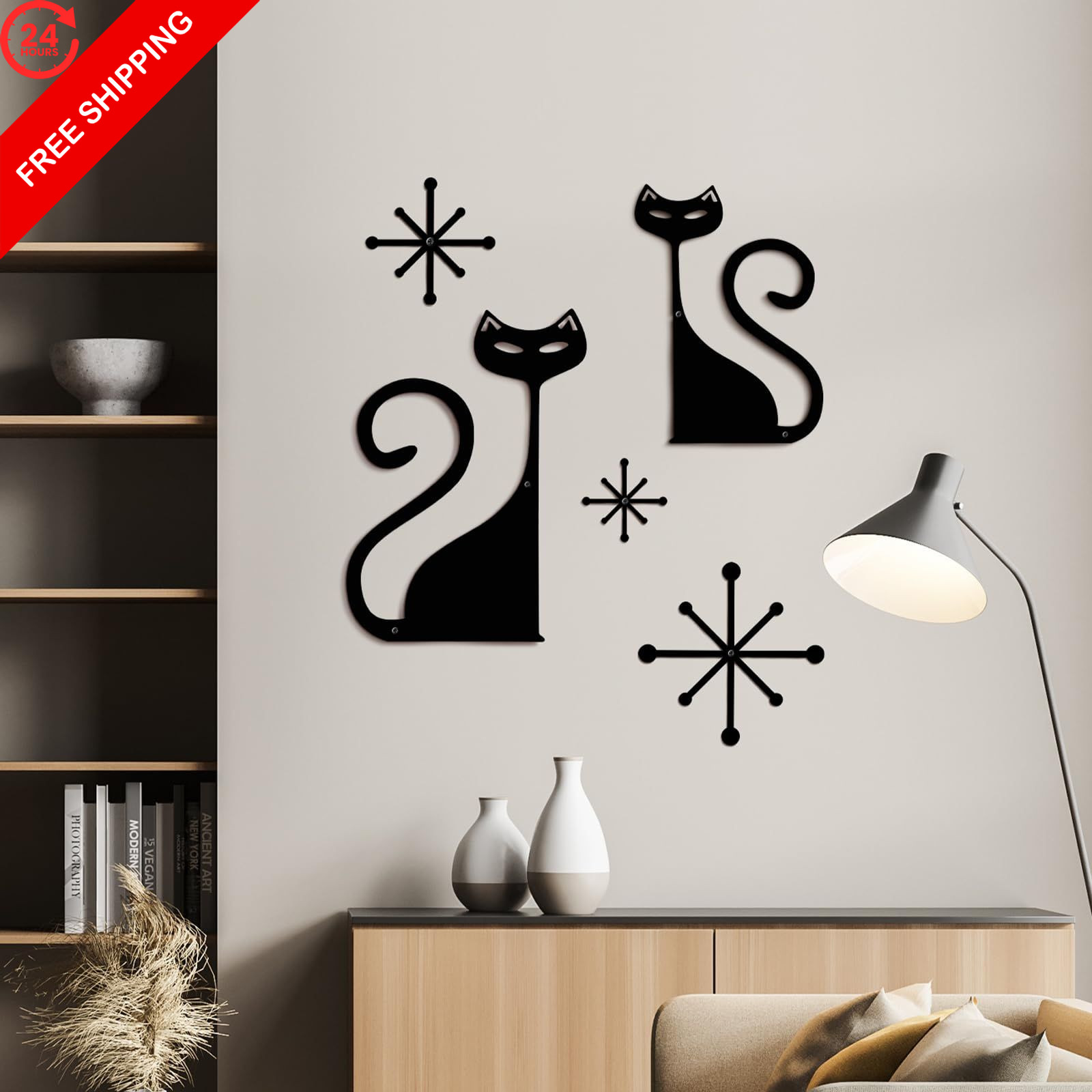 Wesiti 5 Pcs Mid Century Modern Atomic Cute Cat 7.48 x 11.50 inches, black