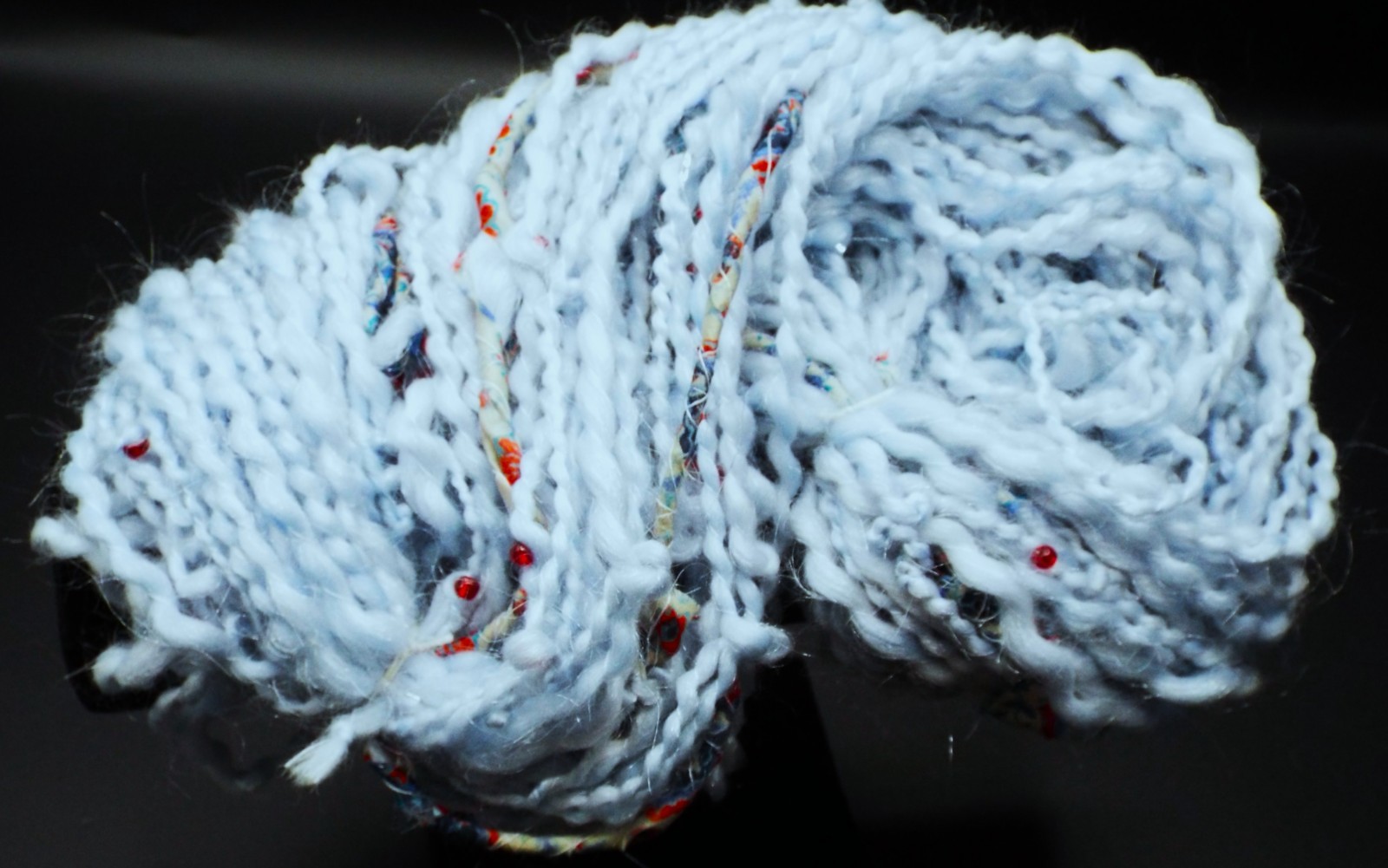 Light Blue ~ Red Beads ~ Silver Bugle Beads ~ Wool& Acrylic ~ Silk Fabric