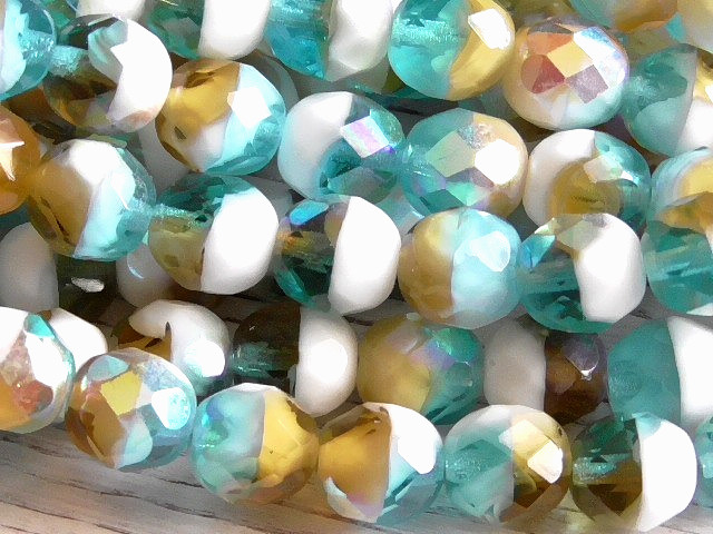 12 – 8mm CZECH AQUA BLUE AMBER WHITE AB ROUND FACETED FIRE POLISHED GLASS BEADS