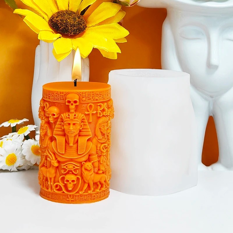 Egypt Pharaoh Candle Silicone Mold Wax Skull Relief Cylindrical Candle DIY Molds