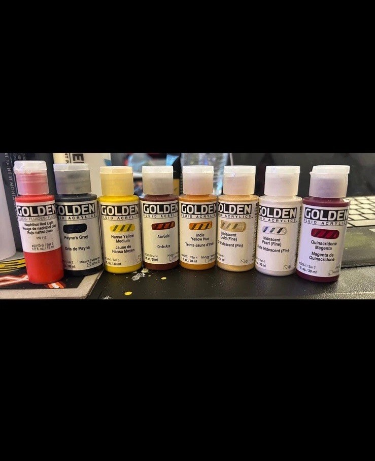 Brand New Lot of 8 Golden Fluid Acrylics-1 fl oz. / 30 ml & single Red 1/2 fl oz