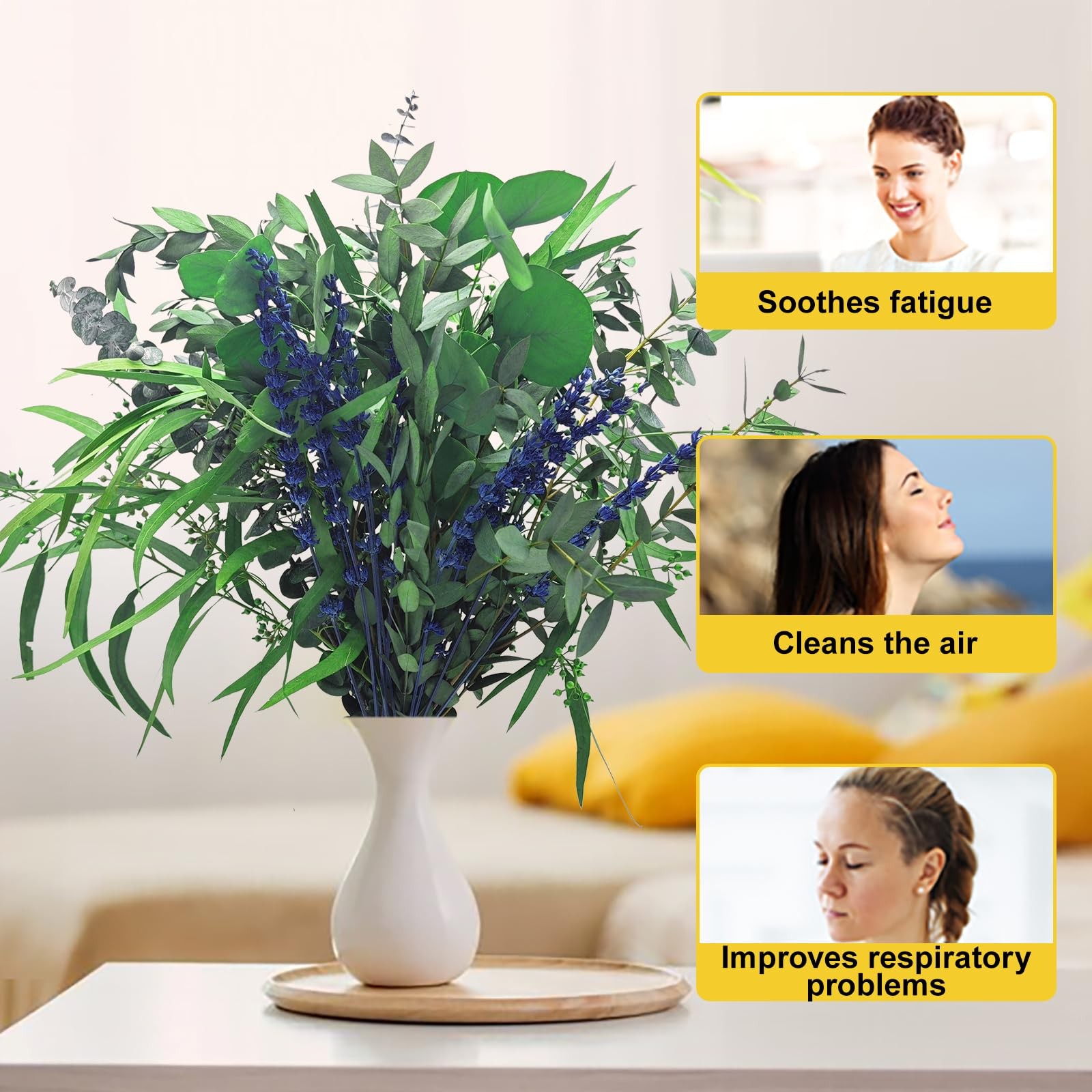 5 Kinds Mix Dried Eucalyptus & Lavender Flowers Bundle 44*7, Green and Yellow