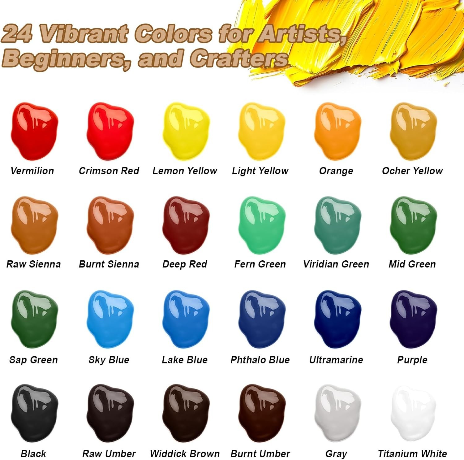Acrylic Paint Set, 24 Colors 0.4 oz/Bottle with 12 Art Brushes, Art Supplies