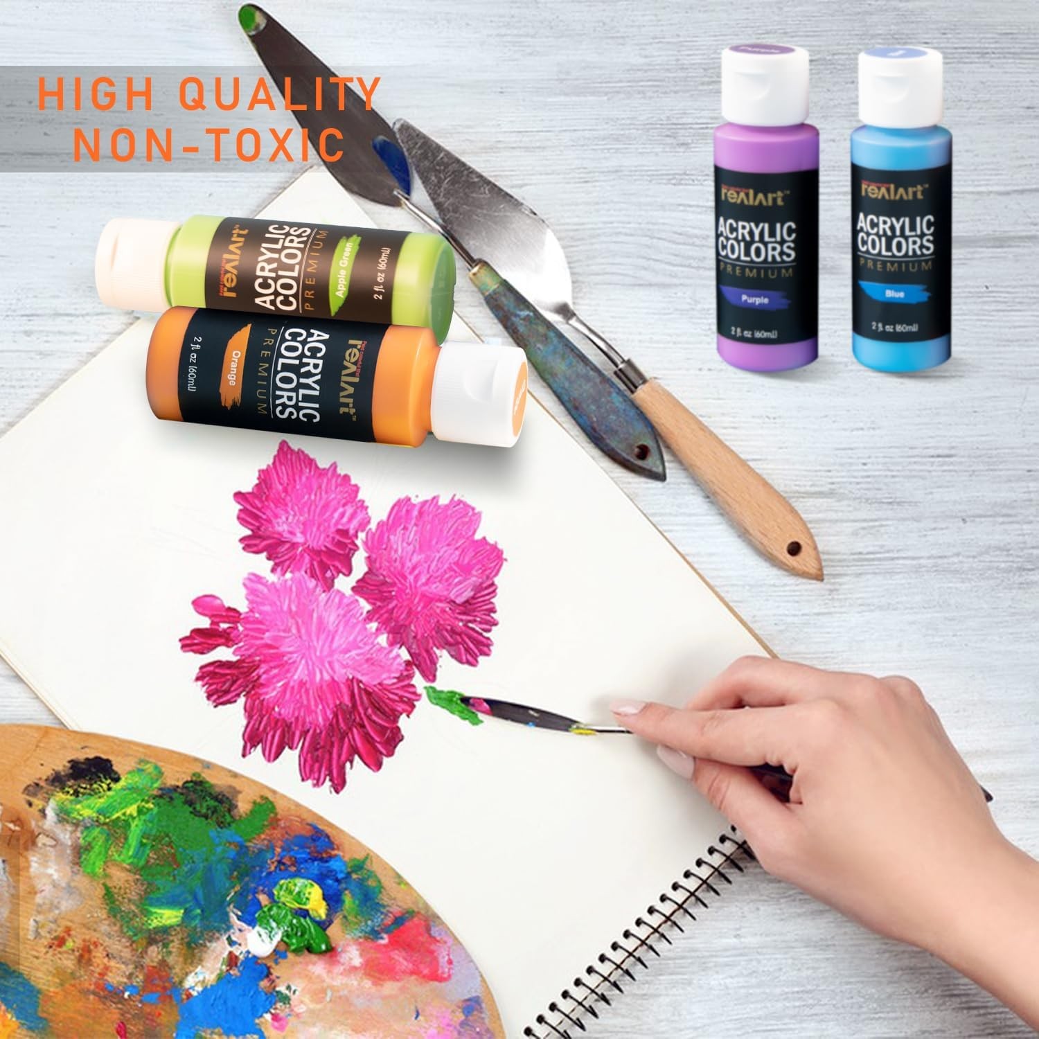 Acrylic Paint Set, 24 Colors (2 oz/Bottle) with 12 Art Brushes, Art Supplies for