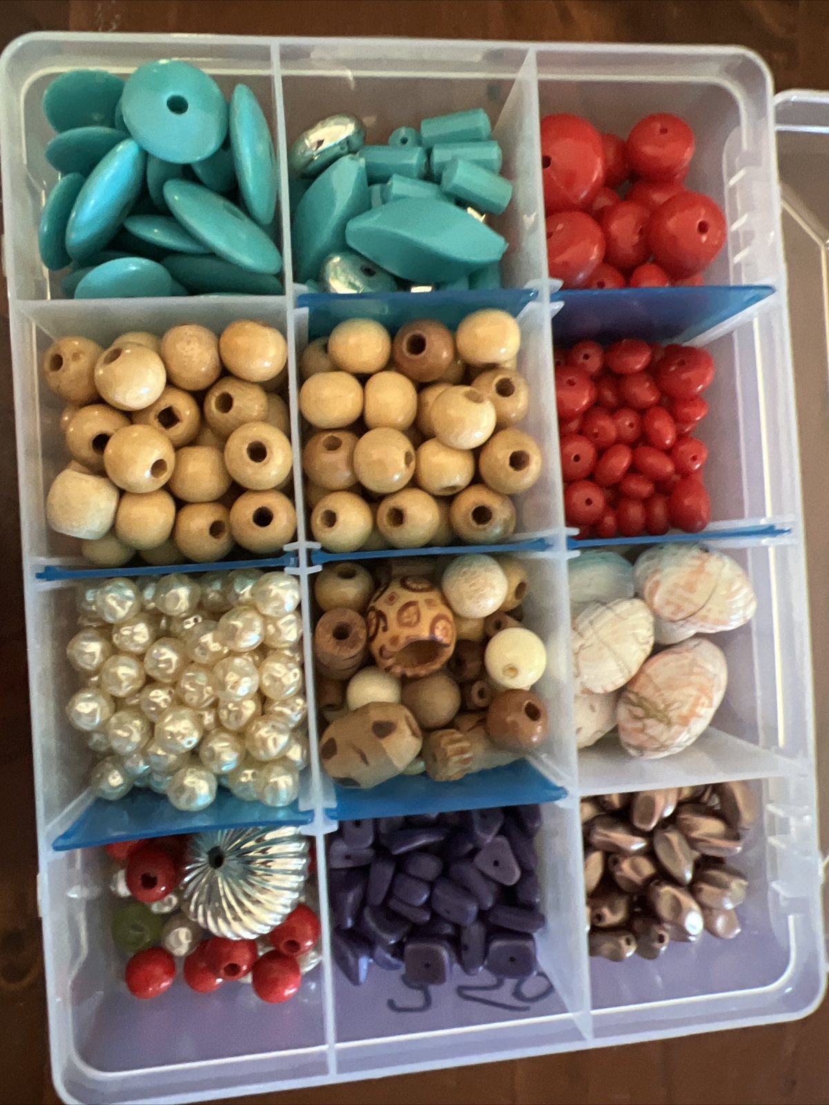 Bulk Lot Beads In Container plastic Acrylic And Wood Mix Chunky Natural Blue Red