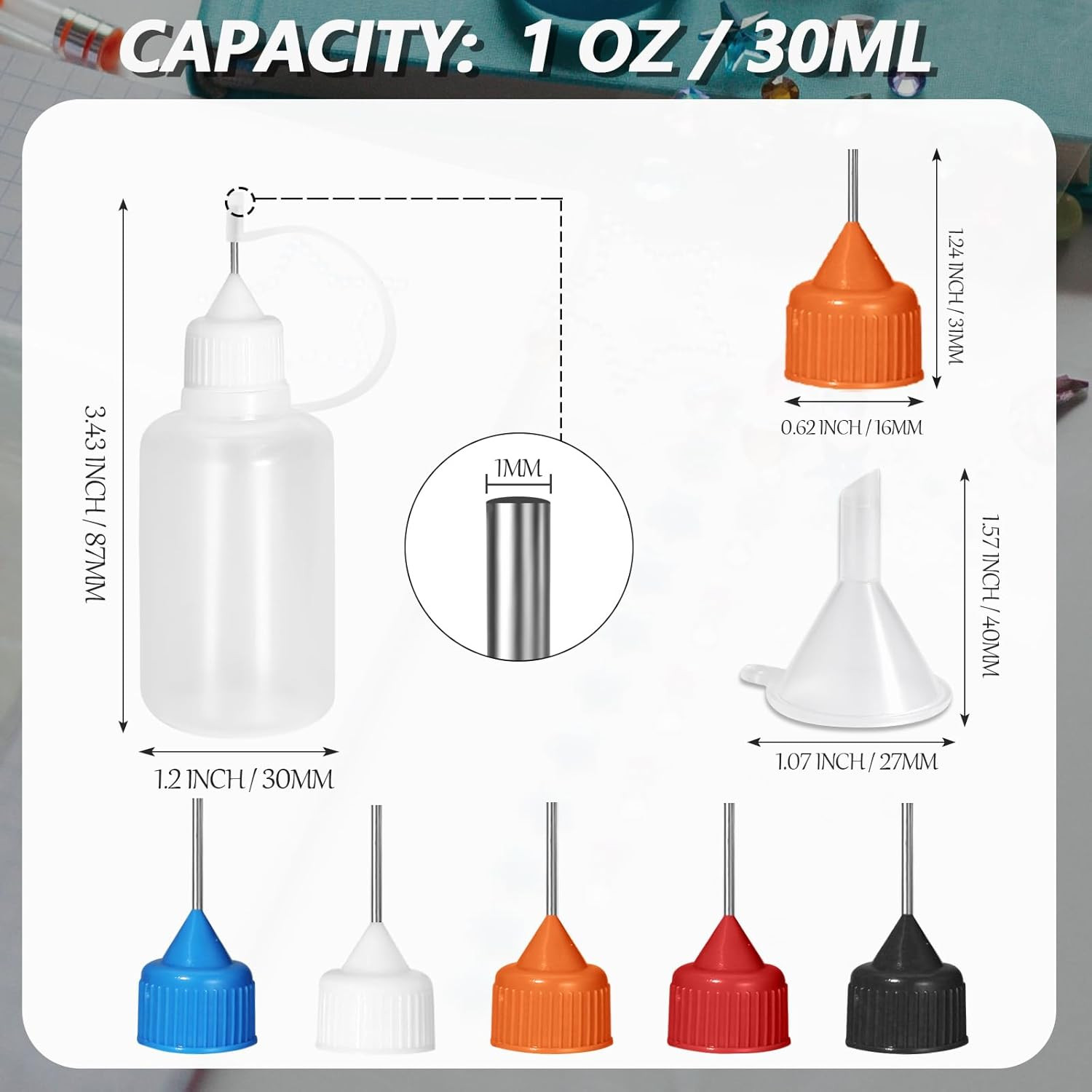 12 Pcs 30ml Precision Tip Squeeze Bottles with Metal Needle Tips & Funnels