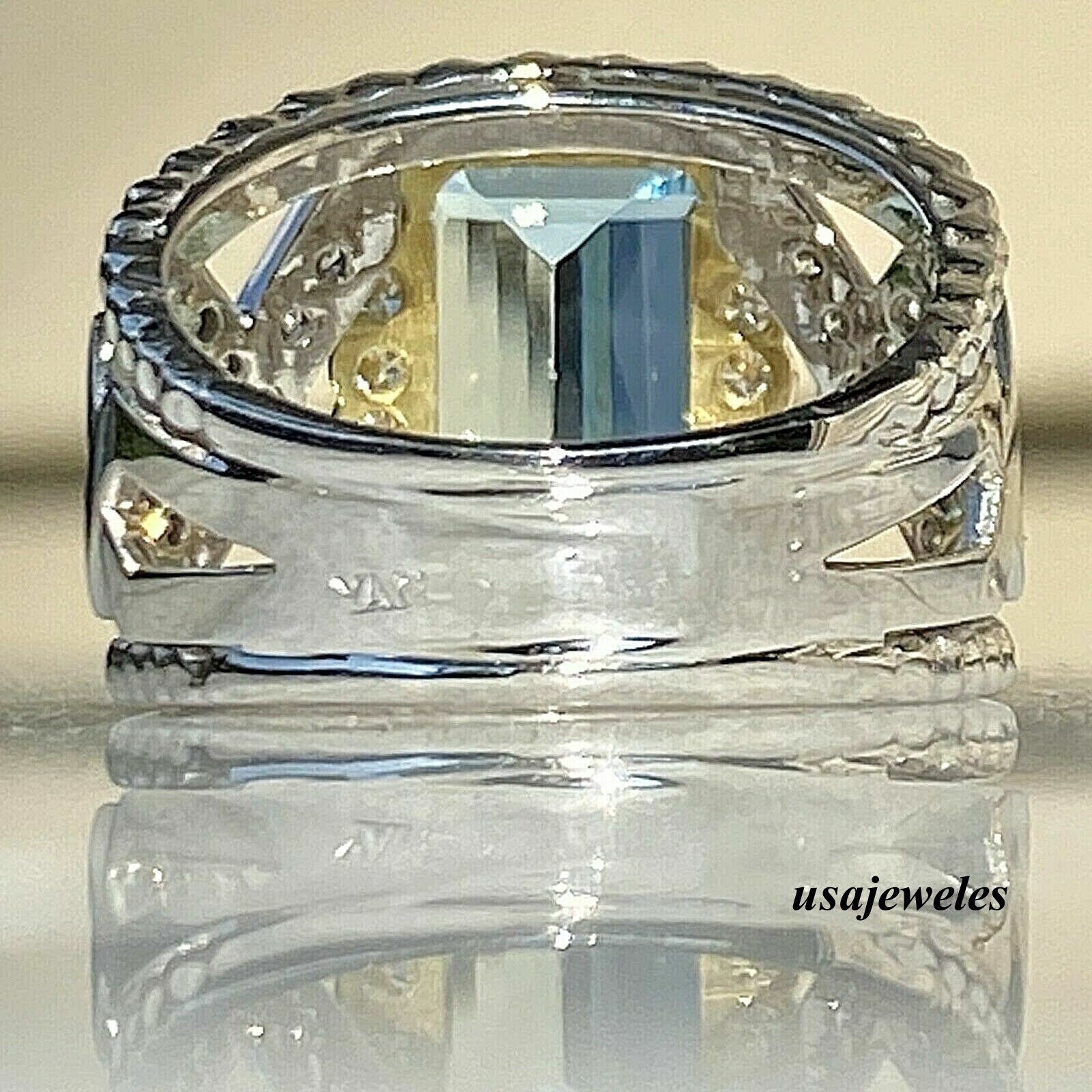 3.55CT Emerald Cut Real Aquamarine Huge Wedding Jewelry Ring 14K 2-Tone Gold FN