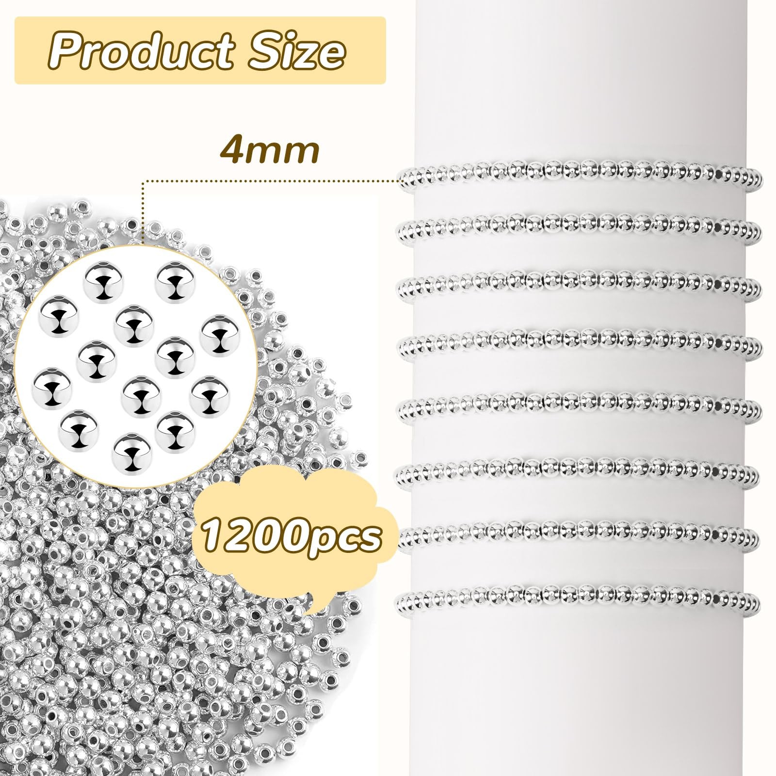 Small Silver Spacer Beads – 1200pcs, 4mm Smooth Round Beads for Jewelry Making,