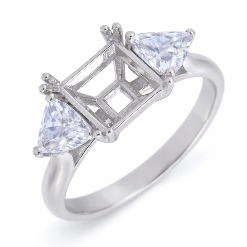 10x10mm Princess Asscher Semi Mount Ring 925 Sterling Silver Trillion Accent
