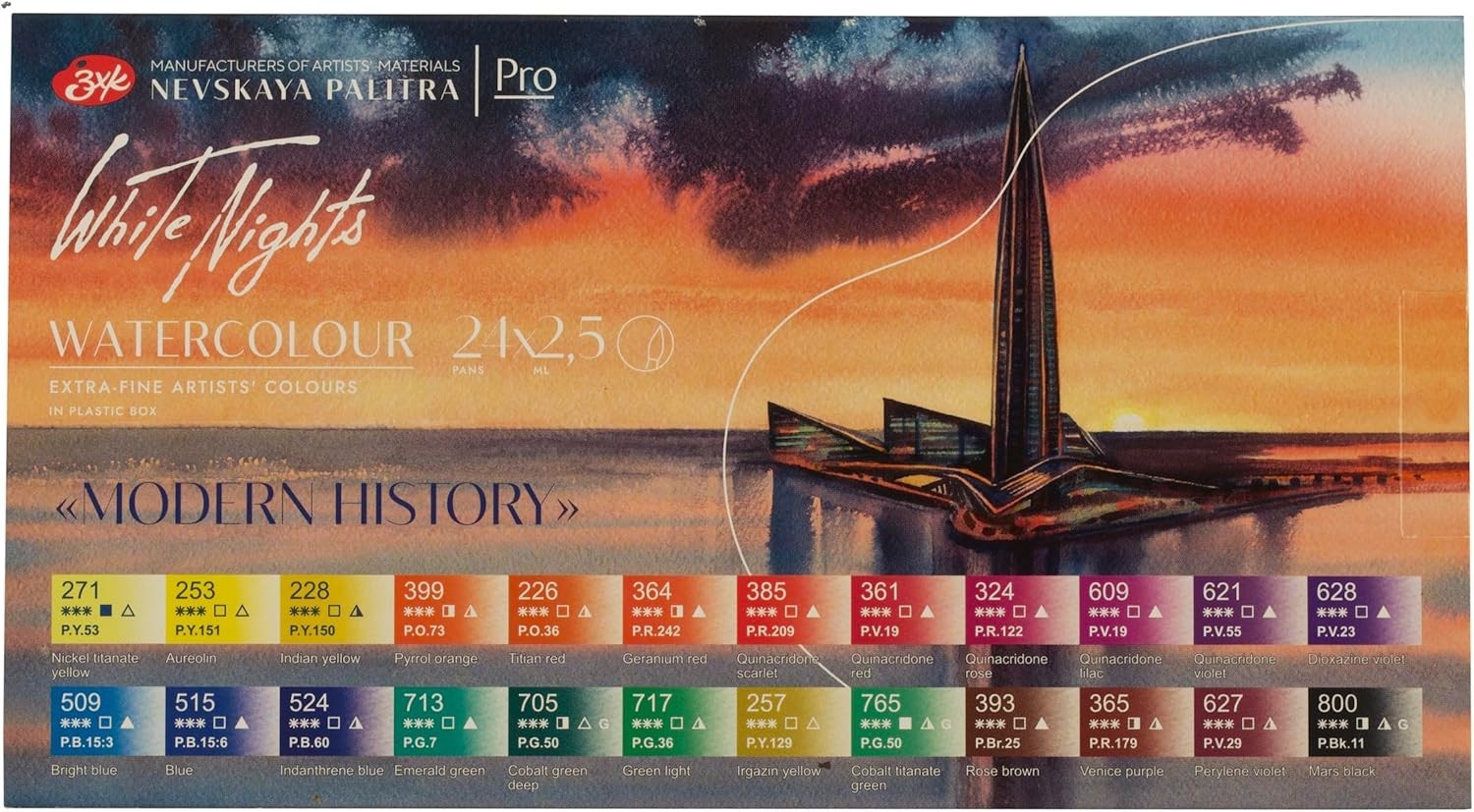 White Nights Watercolor Set 24Full Pans 2.5 Durable Plastic Box Nevskaya Palitra