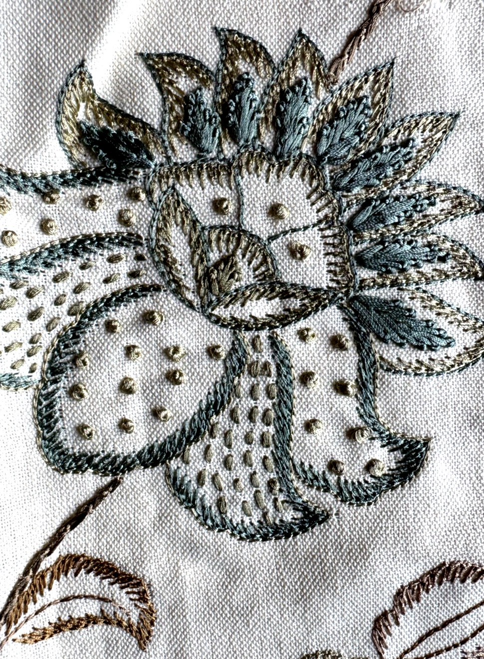 Couture Tambour Stitch Green Tea Designer Fabric Remnant 24″x24″
