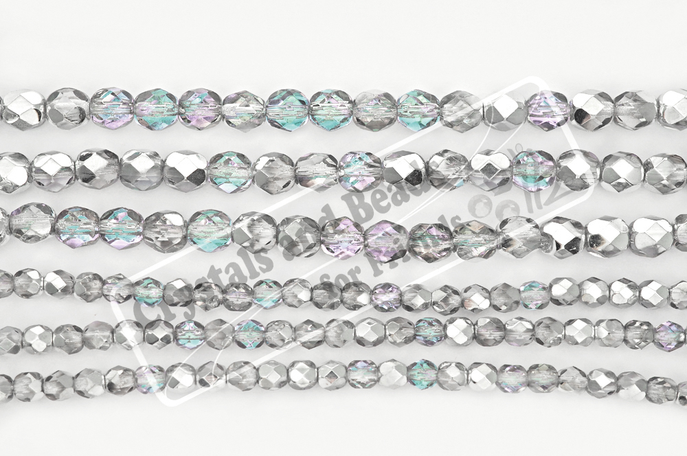 Czech Fire Polished Round Faceted Glass Beads in Crystal Vitrail Light, silver