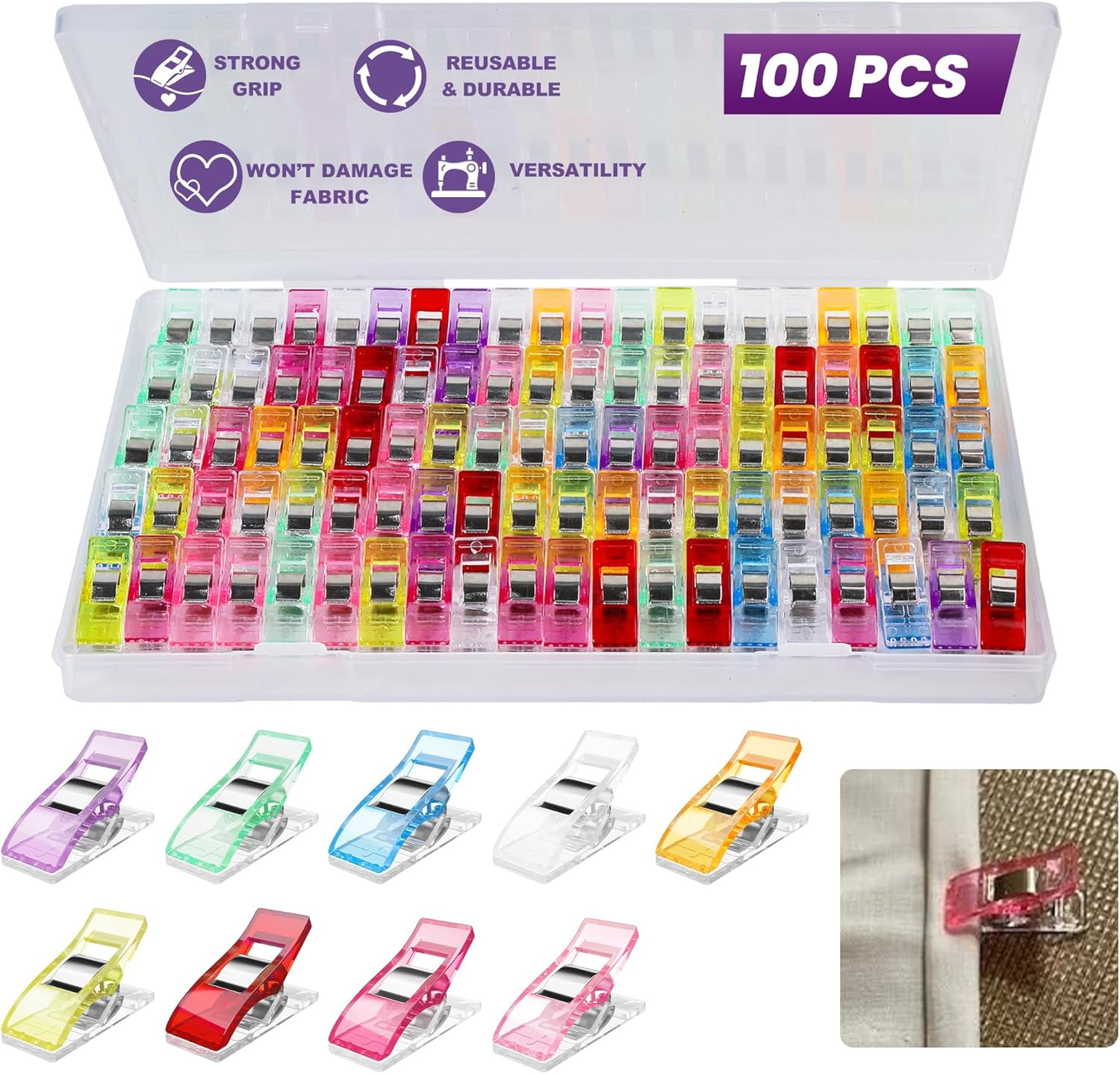 100PCS Sewing Clips with Storage Box – Strong Grip, No Pin Marks, Multi-Colored