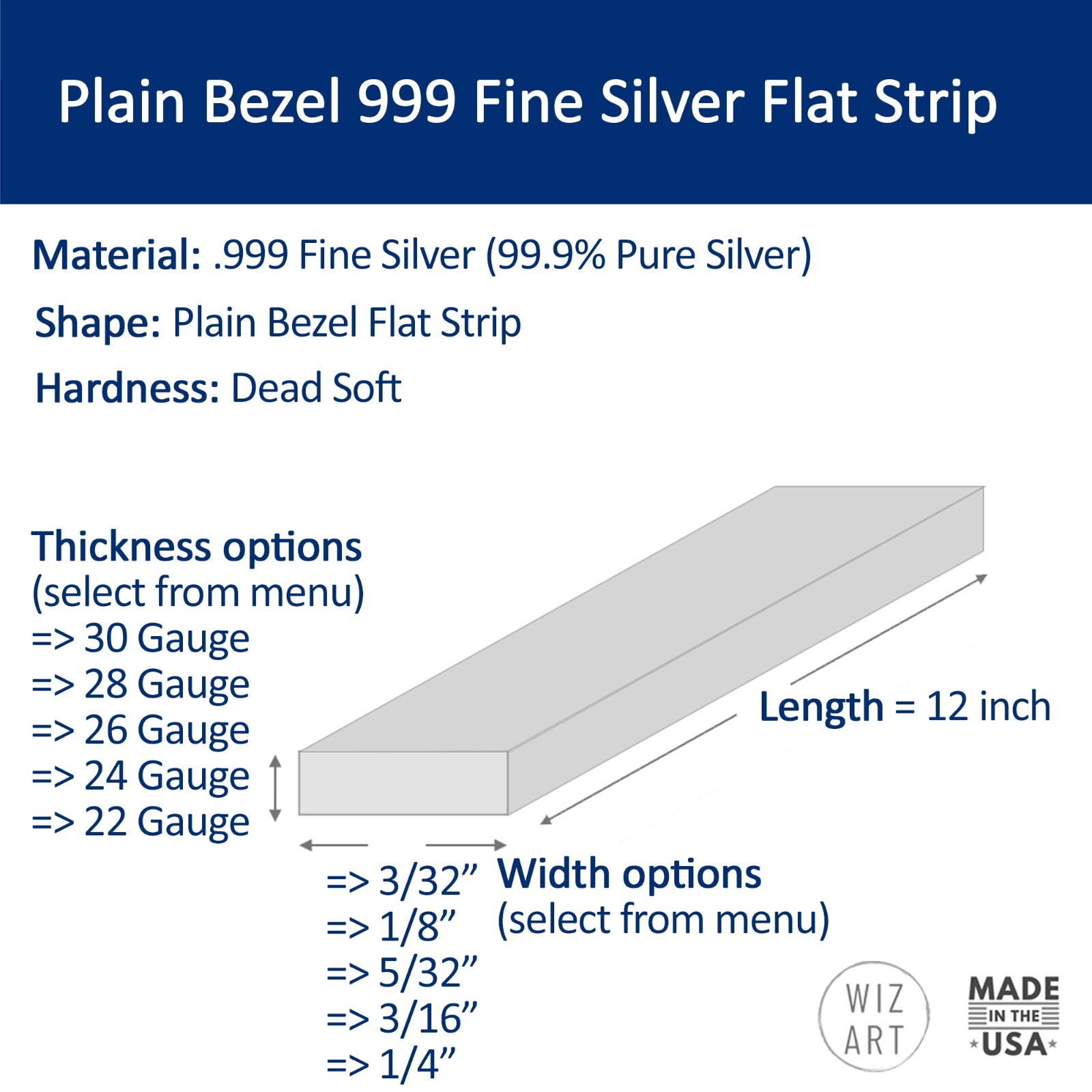 Plain Bezel Wire 999 Fine Silver Flat Strip (15 size variations) made in USA