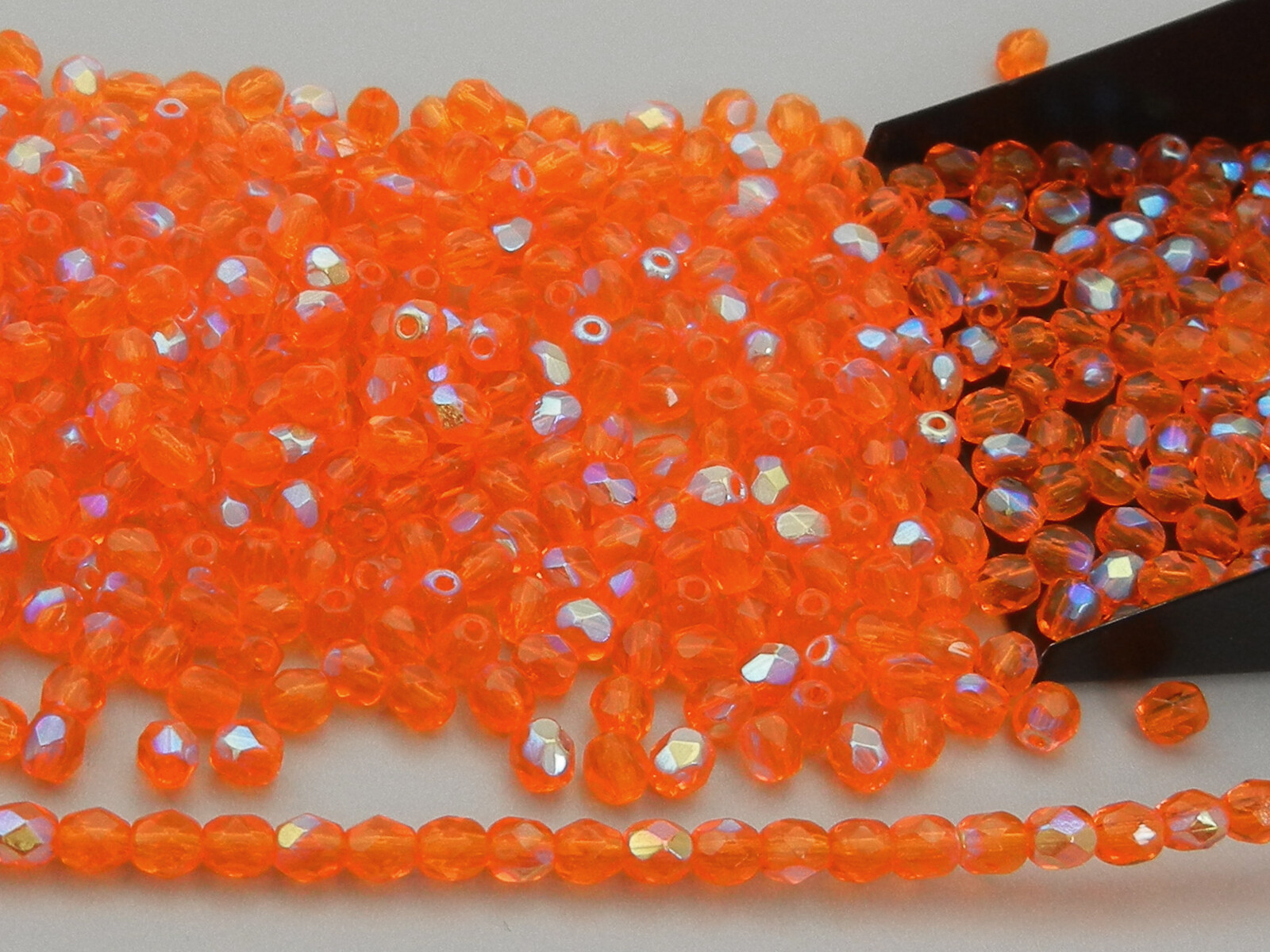 Czech Fire Polished Round Faceted Beads in Sun AB coated, 16″ strand orange AB
