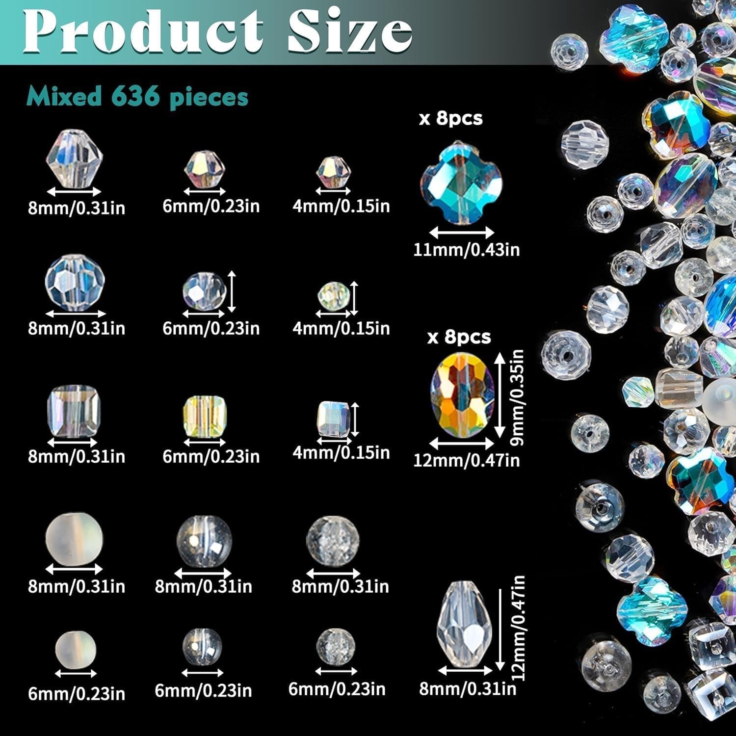 636Pcs Glass Beads for Jewelry Making, Assorted Crystal Beads with Loose Beads f