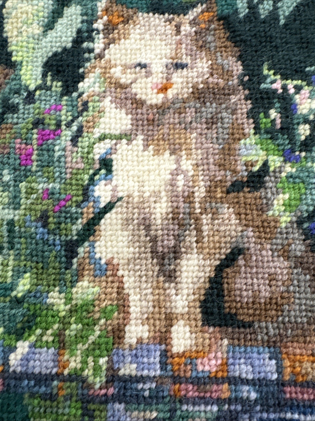 Bucilla Needlepoint #4721 Reflections Completed Cat Lily Pond Flowers Vintage 96