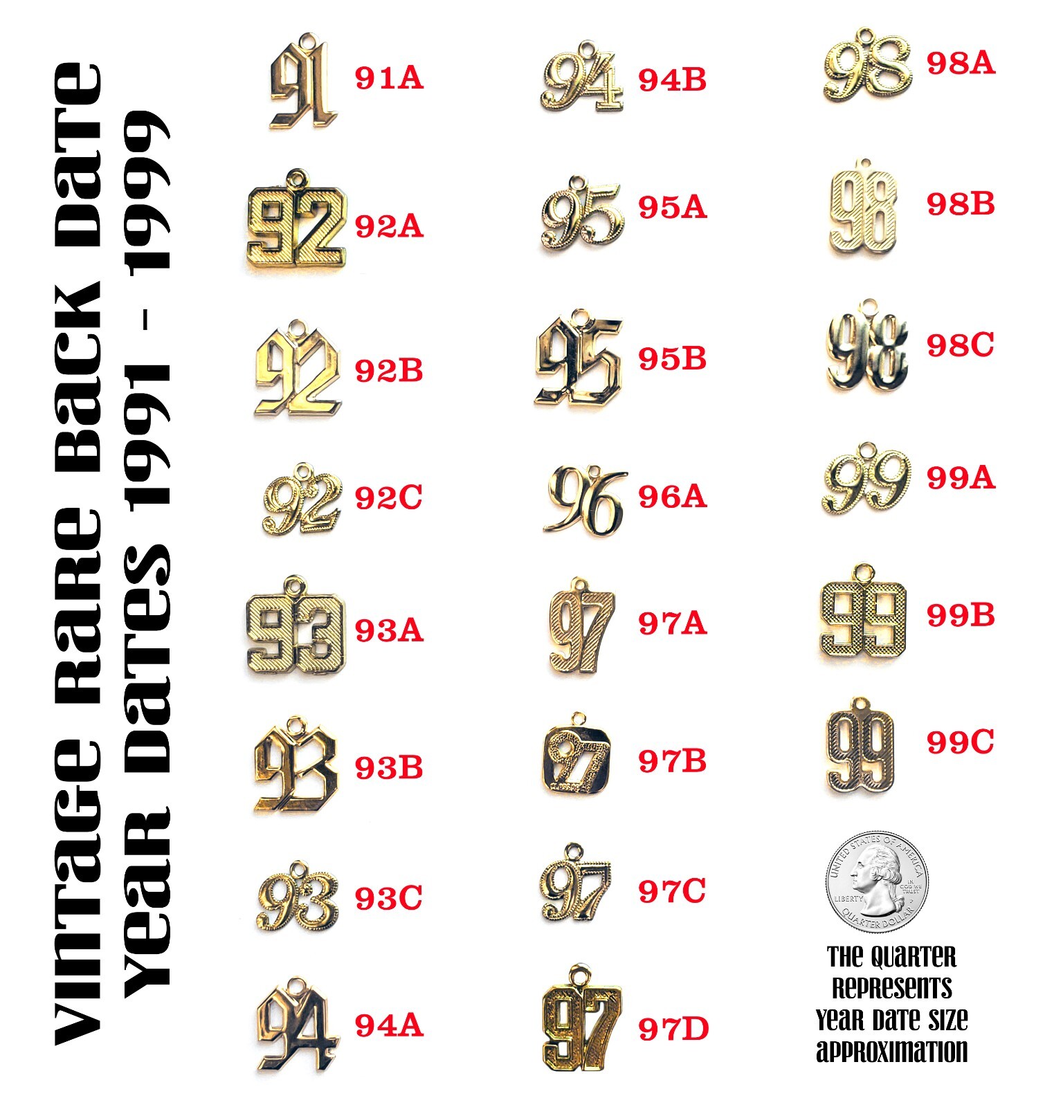 Vintage Back Date Graduation Gold Metal YEAR DATE Charms for Tassels (1991-1999)