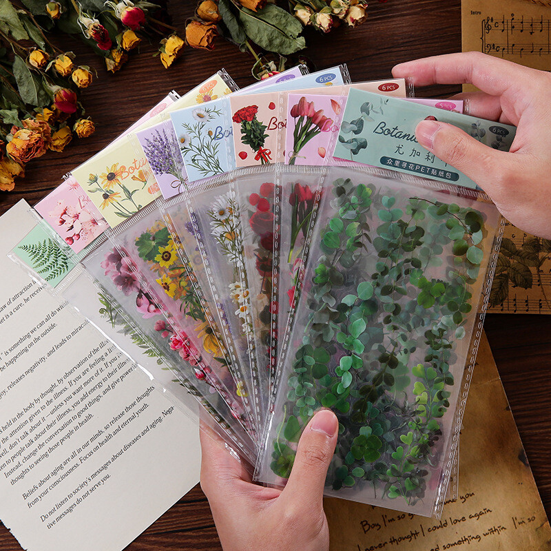 6Pcs Natural Journal Stickers PET Sticker Paper Scrapbooking Material Scrapbook