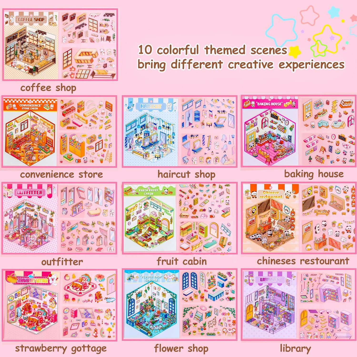 10 Sets DIY 3D House Stickers Kit Non-Toxic & Safe 3D Miniature Scene Therapy