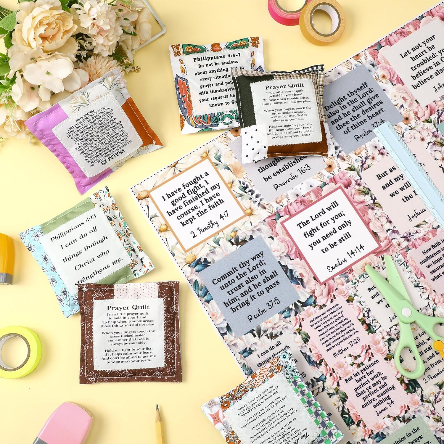 38 Sets Pocket Prayer Quilt Kits with Wooden Crosses, Mini Prayer Cloth Squares