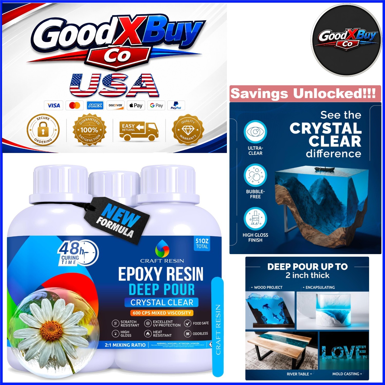 Deep Pour Epoxy Resin Kit 51 Oz for River Tables, Crafts, Flowers, Clear