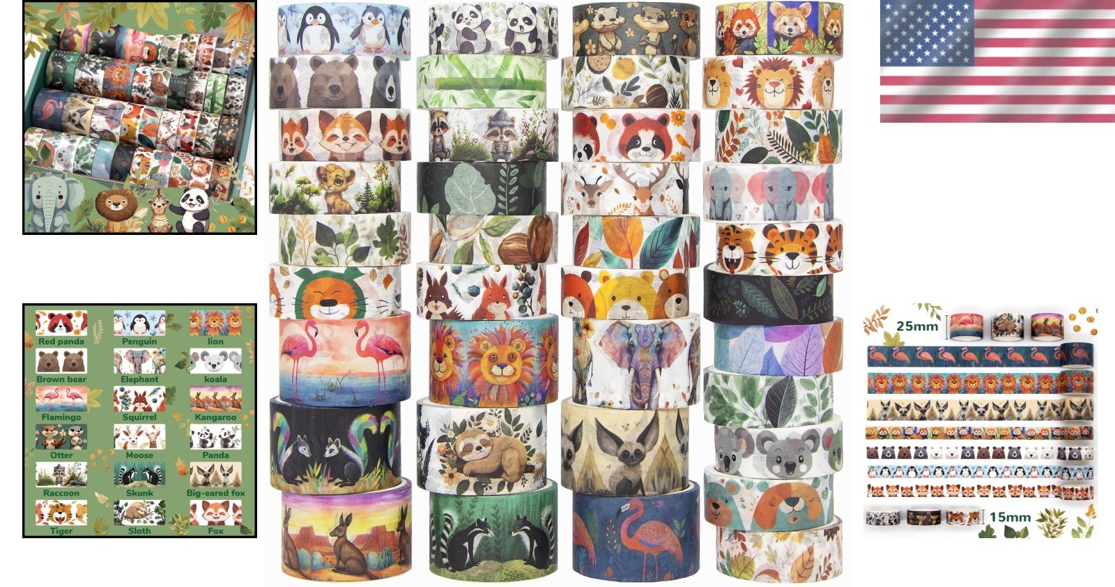 Water Resistant 38-Roll Washi Tape Set: Adorable Animal Designs for All Ages