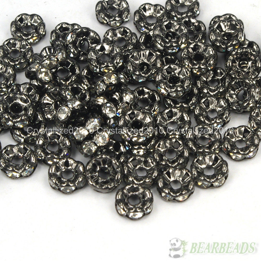 100Pcs Czech Crystal Rhinestone Gunmetal Wavy Rondelle Spacer Beads 4mm 8mm 10mm