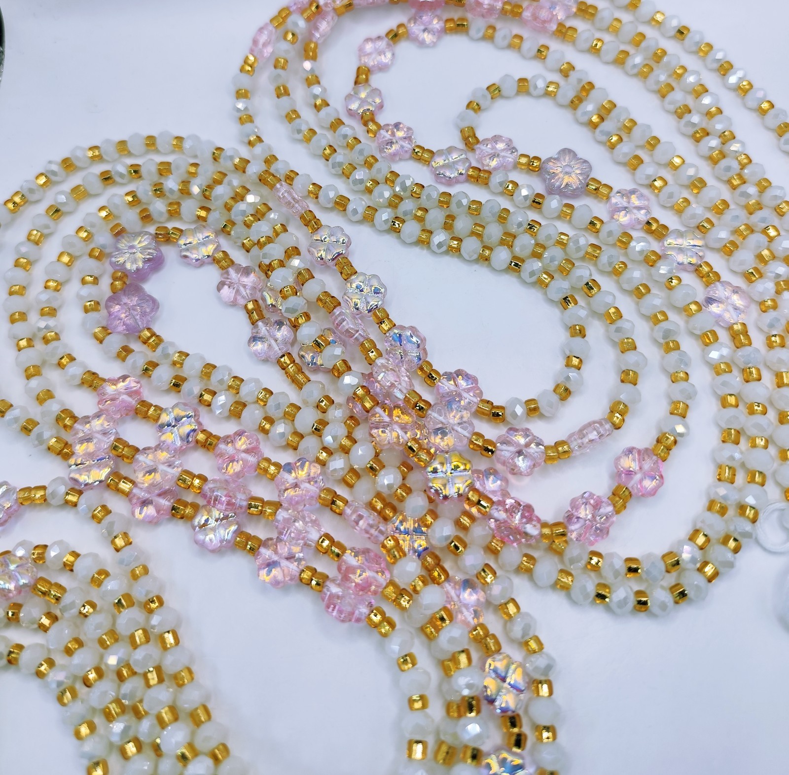 Gold Pink Flower Crystal Waistbeads Tie On 50 Inches Body Jewelry For Daily Use