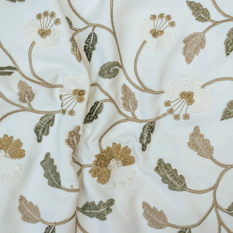Ivory, Mustard Cotton with Embroidery Fabric by the Yard, 1 Yard Ivory Fabric