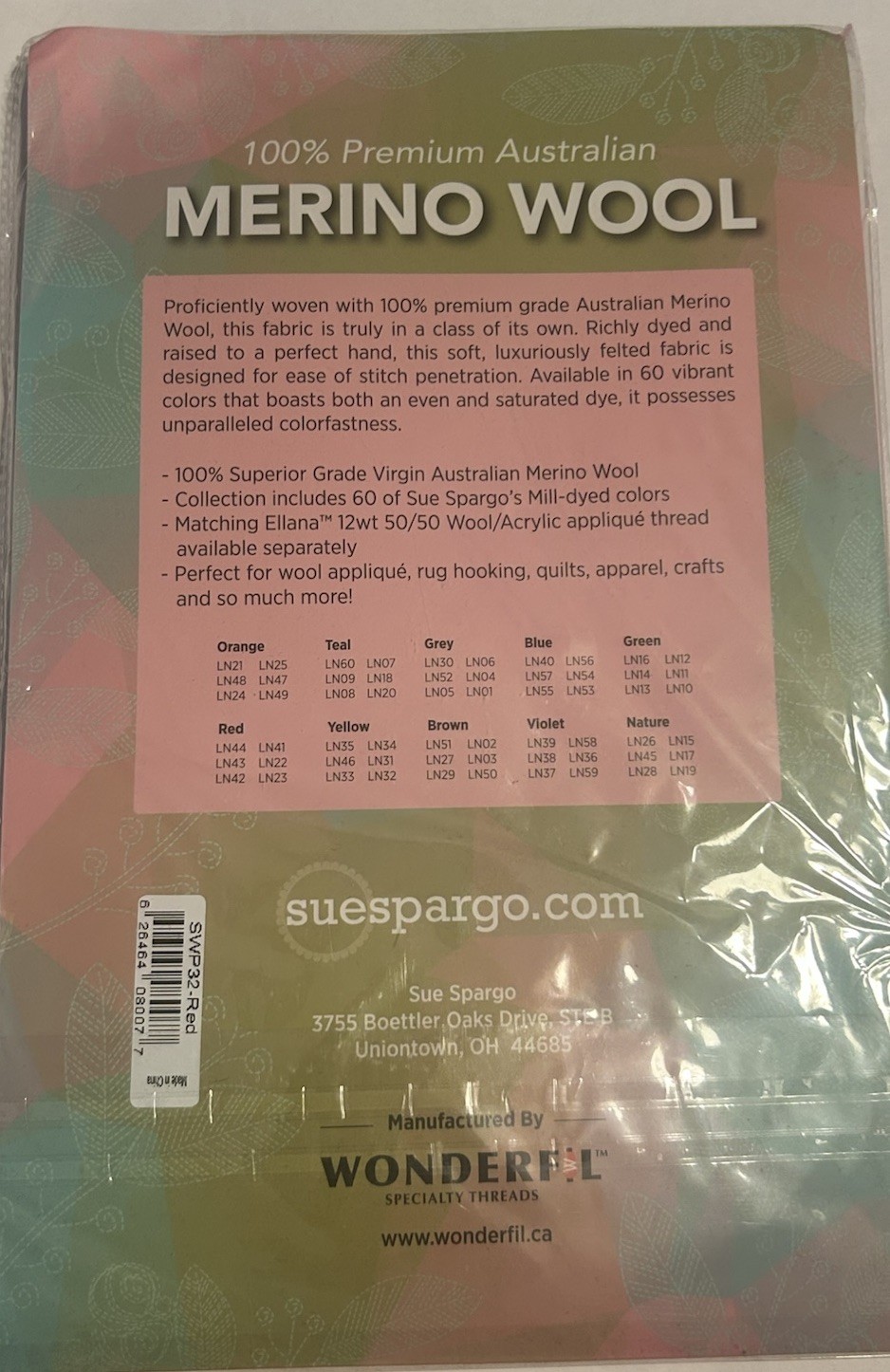 Sue Spargo Merino Wool Fabric Pack – RED – 1/32 – 9″x 7″ – 6 pieces