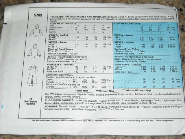 👼🏻 UNCIRCULATED 1977 McCALL’S #5709-CHILDS OVERALLS & JACKET PATTERN ½-3 FF
