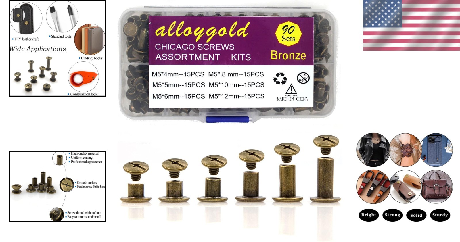 Leather Rivet Kit 90 Sets Bronze Chicago Screws Assorted Sizes for Craft Book…