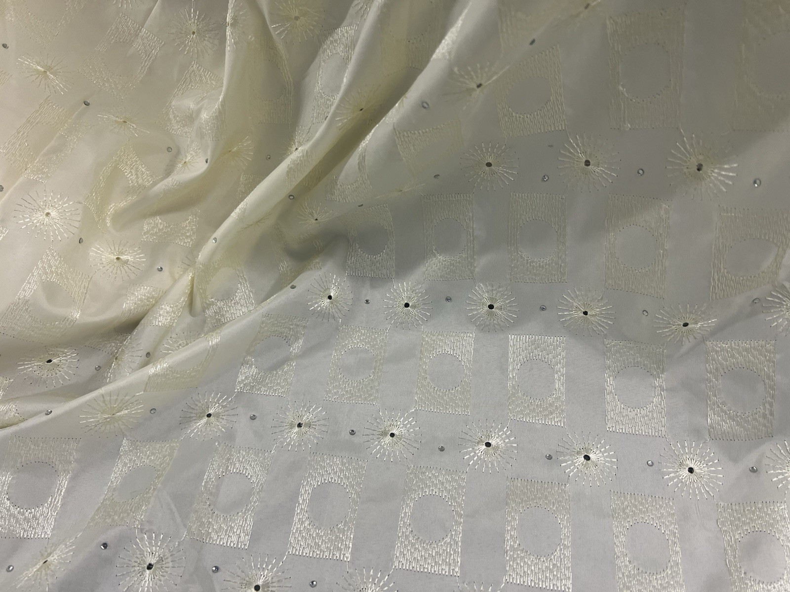 5 Yard Ivory Cotton Embroidery Rhinestones fabric 50” Width